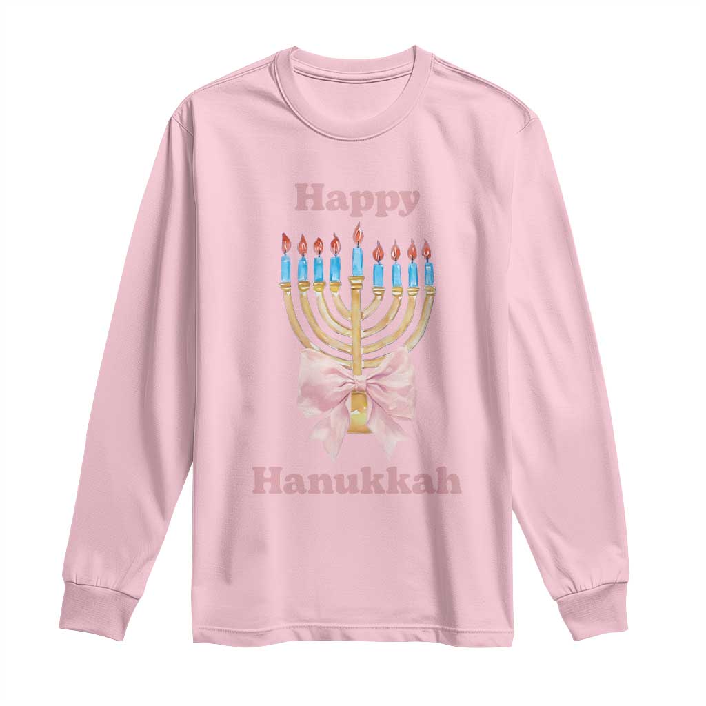 Happy Hanukkah Coquette Long Sleeve Shirt Cute Menorah Pink Bow