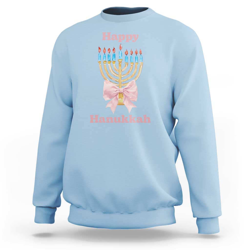 Happy Hanukkah Coquette Sweatshirt Cute Menorah Pink Bow - Wonder Print Shop