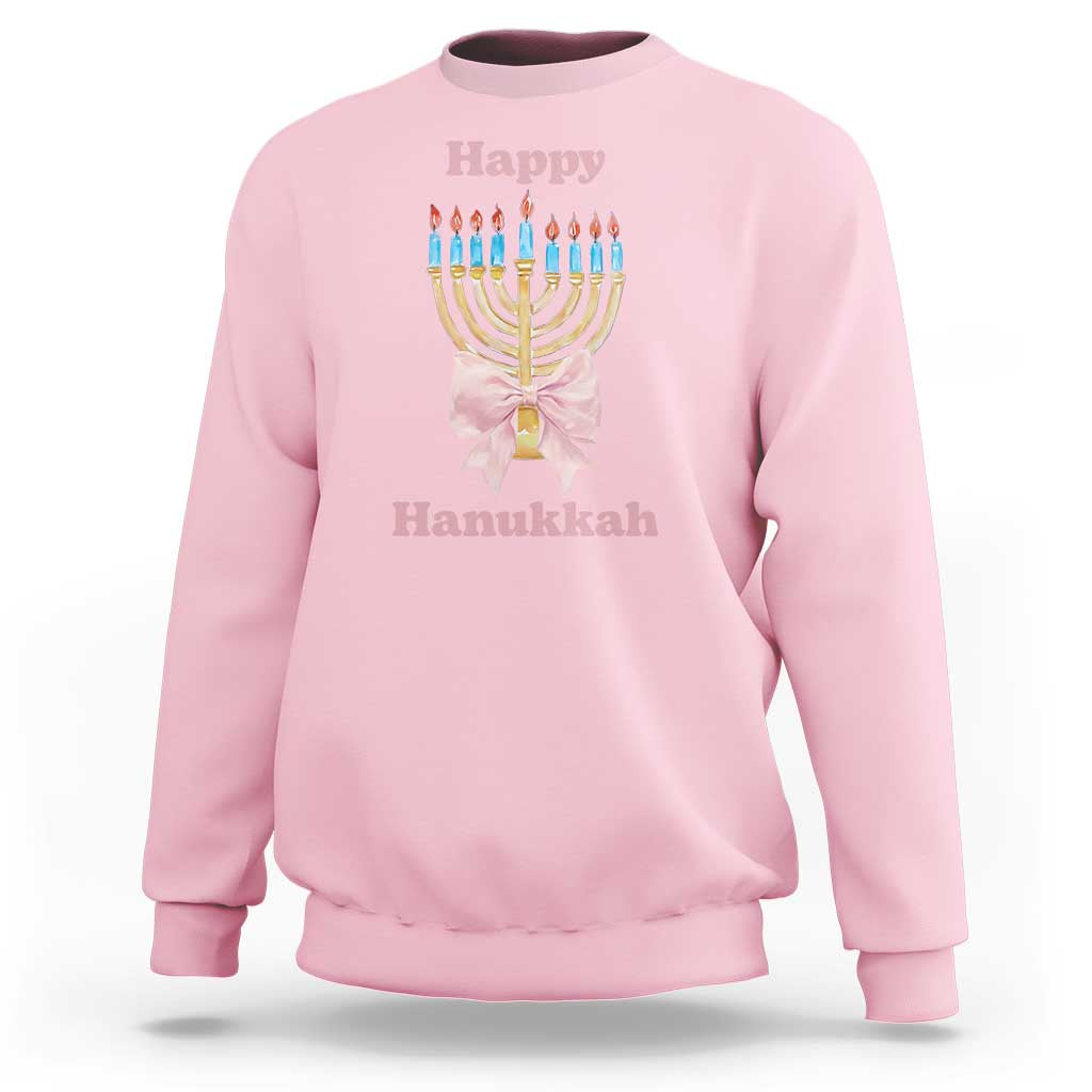 Happy Hanukkah Coquette Sweatshirt Cute Menorah Pink Bow - Wonder Print Shop