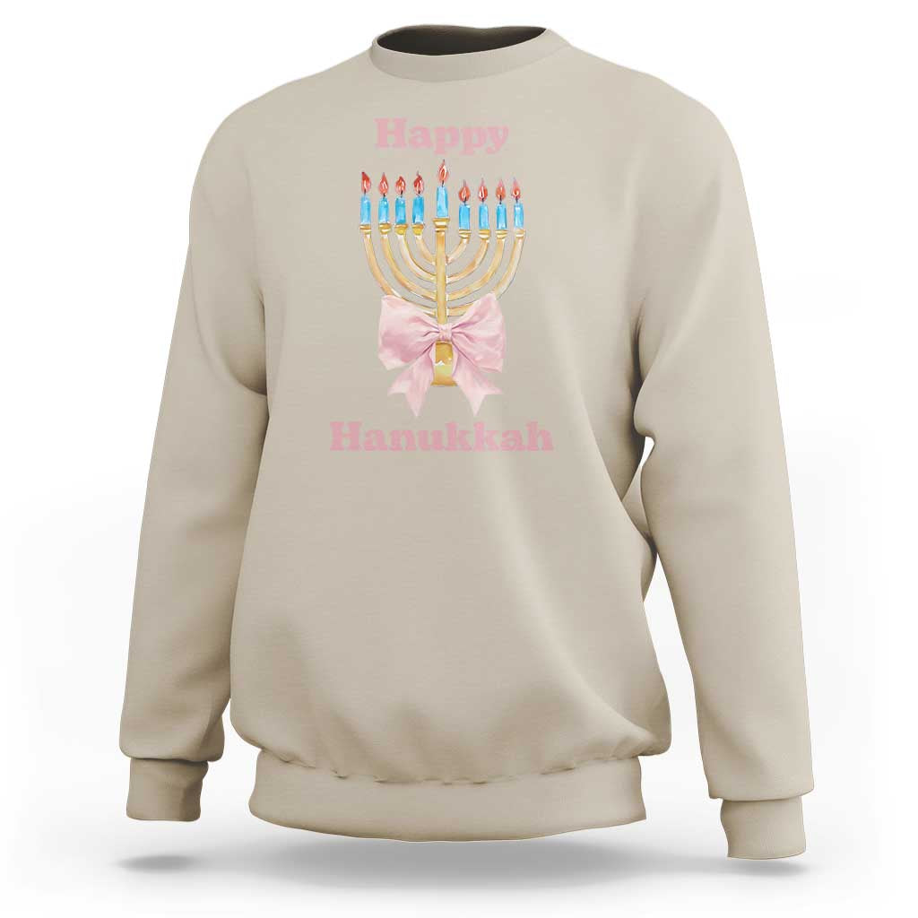 Happy Hanukkah Coquette Sweatshirt Cute Menorah Pink Bow - Wonder Print Shop