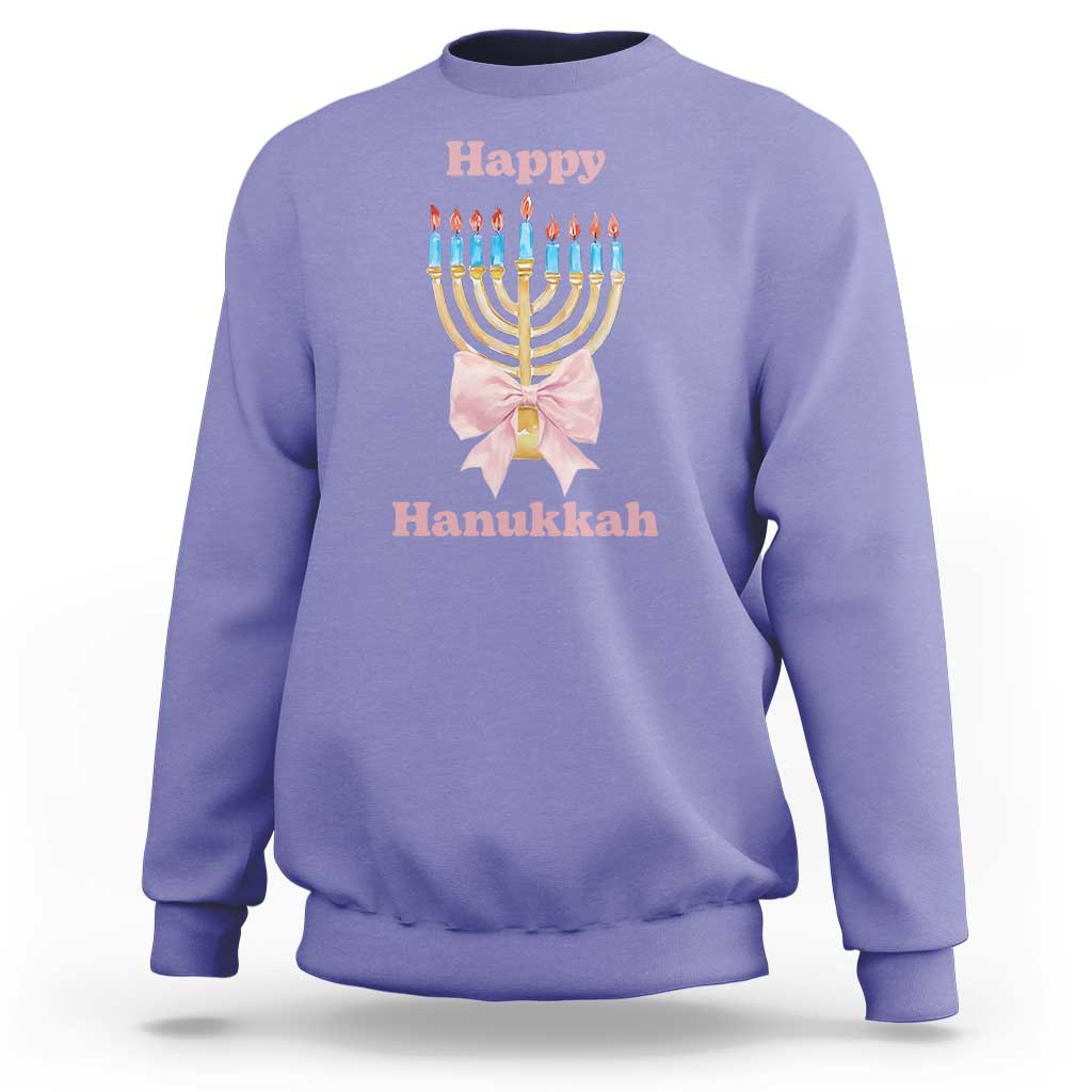 Happy Hanukkah Coquette Sweatshirt Cute Menorah Pink Bow - Wonder Print Shop