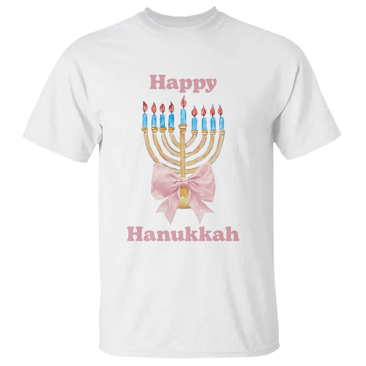 Happy Hanukkah Coquette T Shirt Cute Menorah Pink Bow - Wonder Print Shop