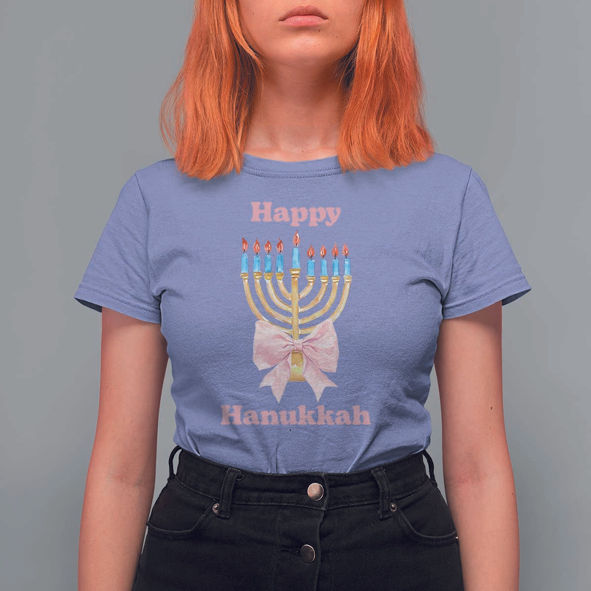 Happy Hanukkah Coquette T Shirt For Women Cute Menorah Pink Bow - Wonder Print Shop