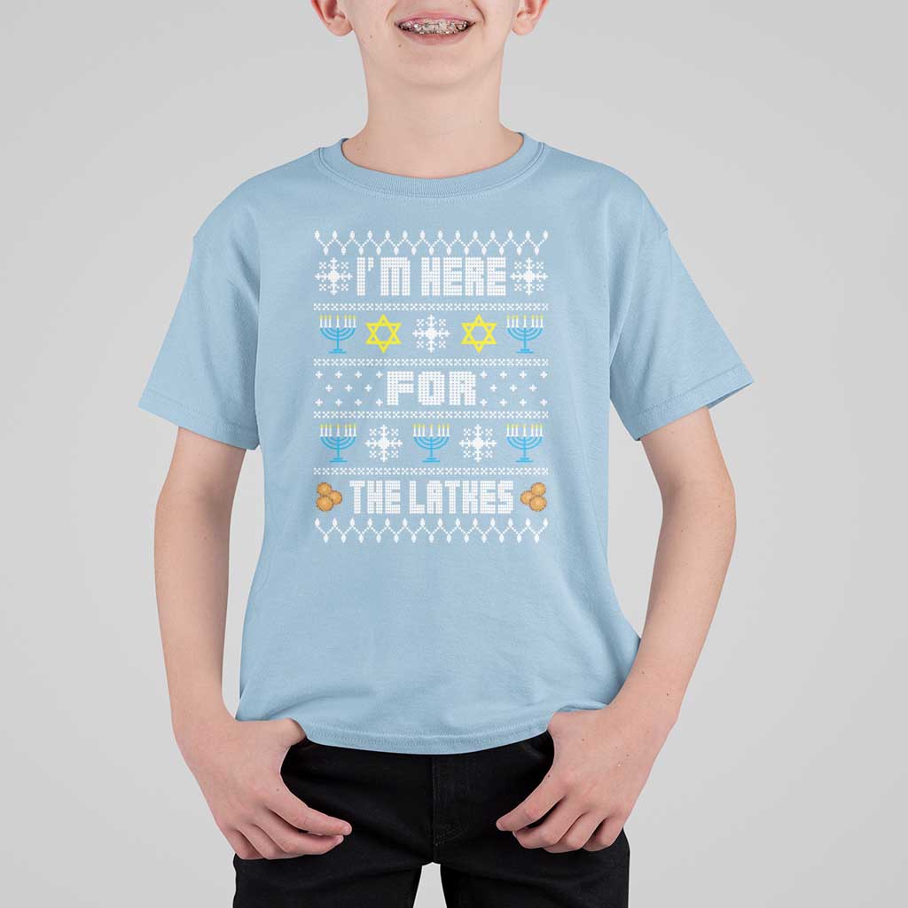 Funny Hanukkah T Shirt For Kid I'm Here For The Latkes Menorah - Wonder Print Shop