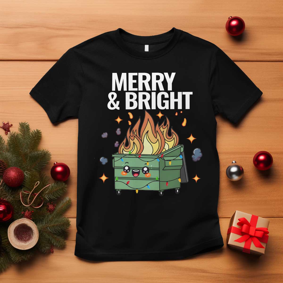Funny Lil Fire Dumpster Christmas T Shirt Merry And Bright Xmas Led Lights - Wonder Print Shop