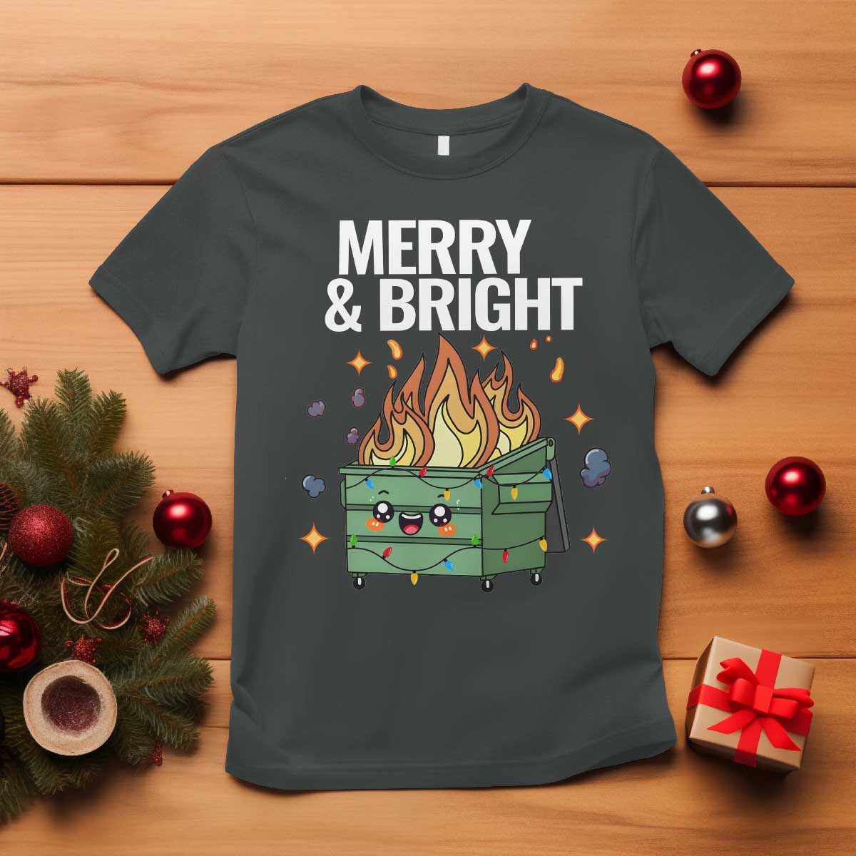 Funny Lil Fire Dumpster Christmas T Shirt Merry And Bright Xmas Led Lights - Wonder Print Shop