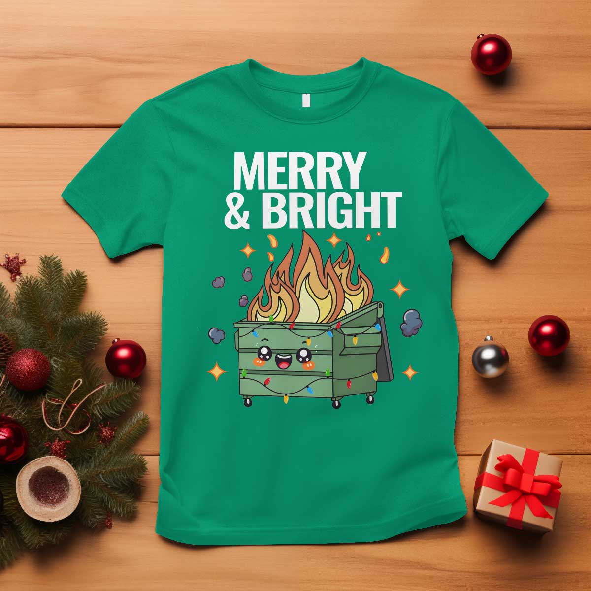 Funny Lil Fire Dumpster Christmas T Shirt Merry And Bright Xmas Led Lights - Wonder Print Shop