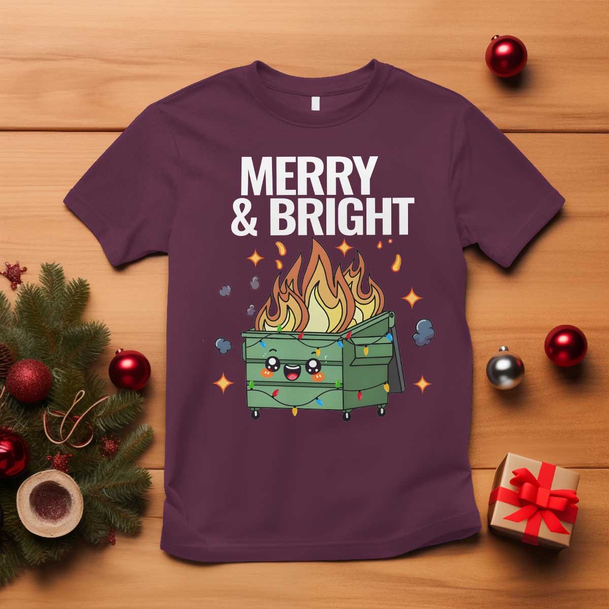 Funny Lil Fire Dumpster Christmas T Shirt Merry And Bright Xmas Led Lights - Wonder Print Shop
