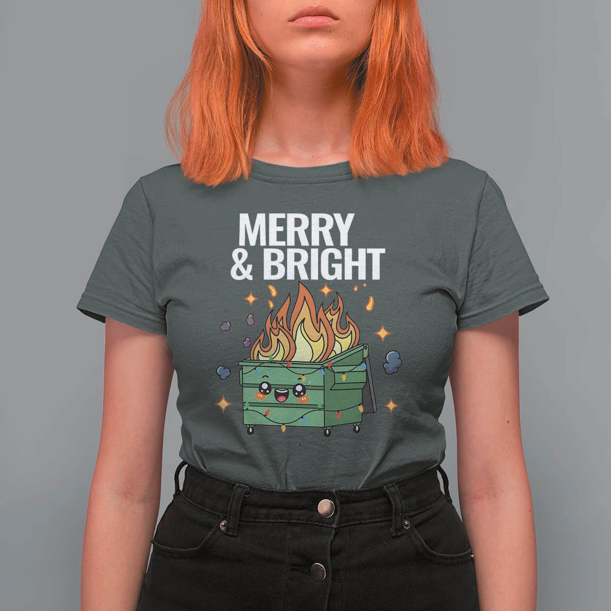 Funny Lil Fire Dumpster Christmas T Shirt For Women Merry And Bright Xmas Led Lights - Wonder Print Shop