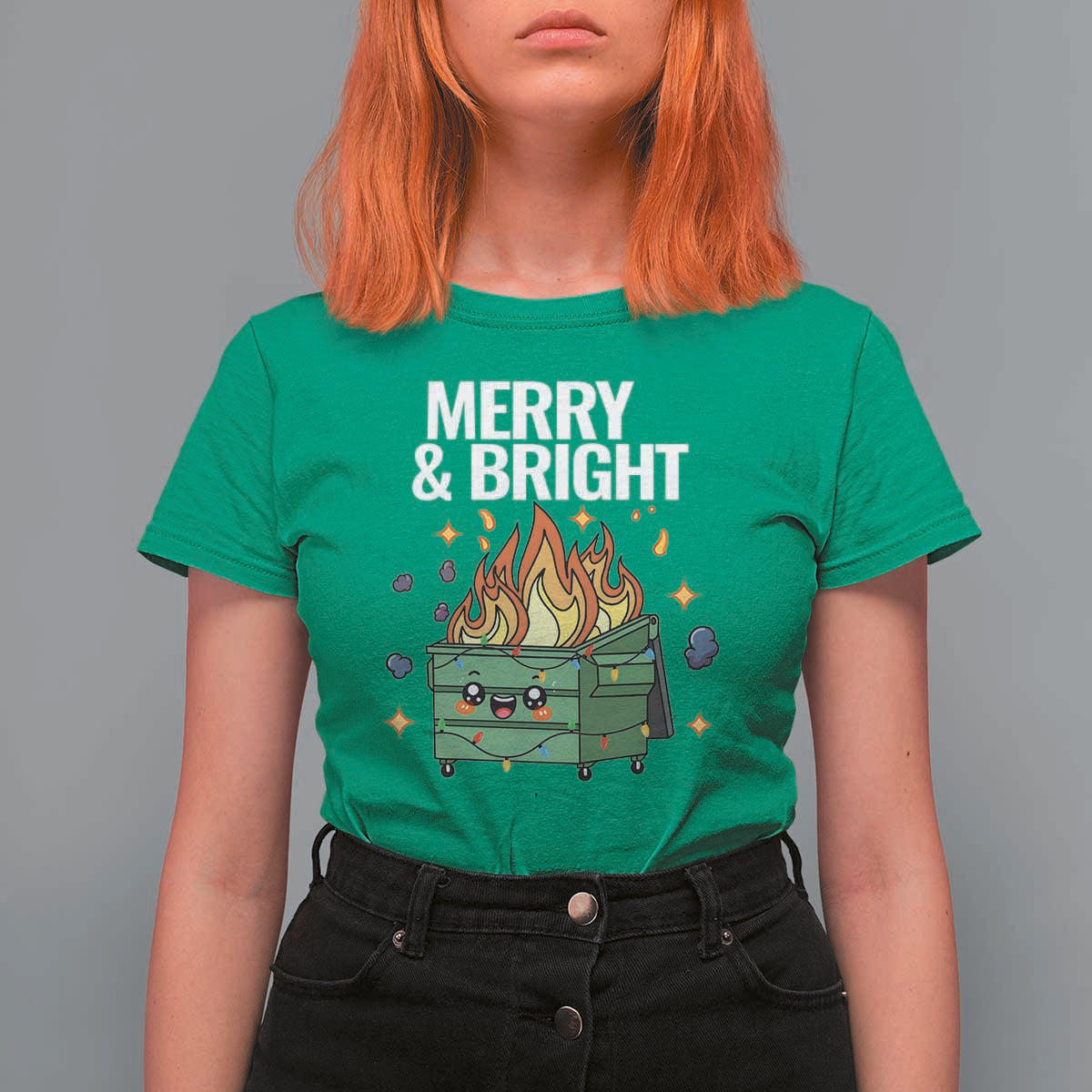Funny Lil Fire Dumpster Christmas T Shirt For Women Merry And Bright Xmas Led Lights - Wonder Print Shop