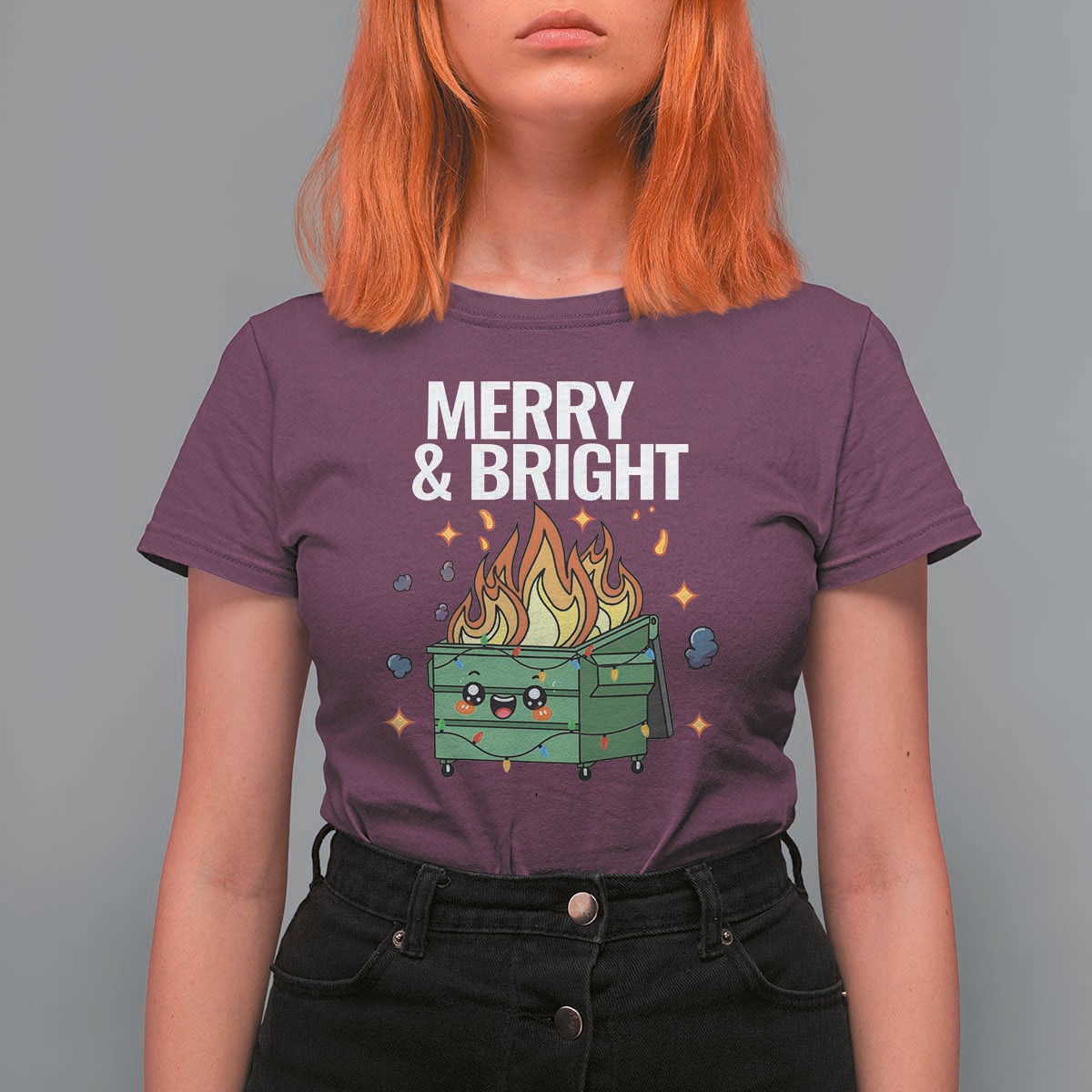 Funny Lil Fire Dumpster Christmas T Shirt For Women Merry And Bright Xmas Led Lights - Wonder Print Shop