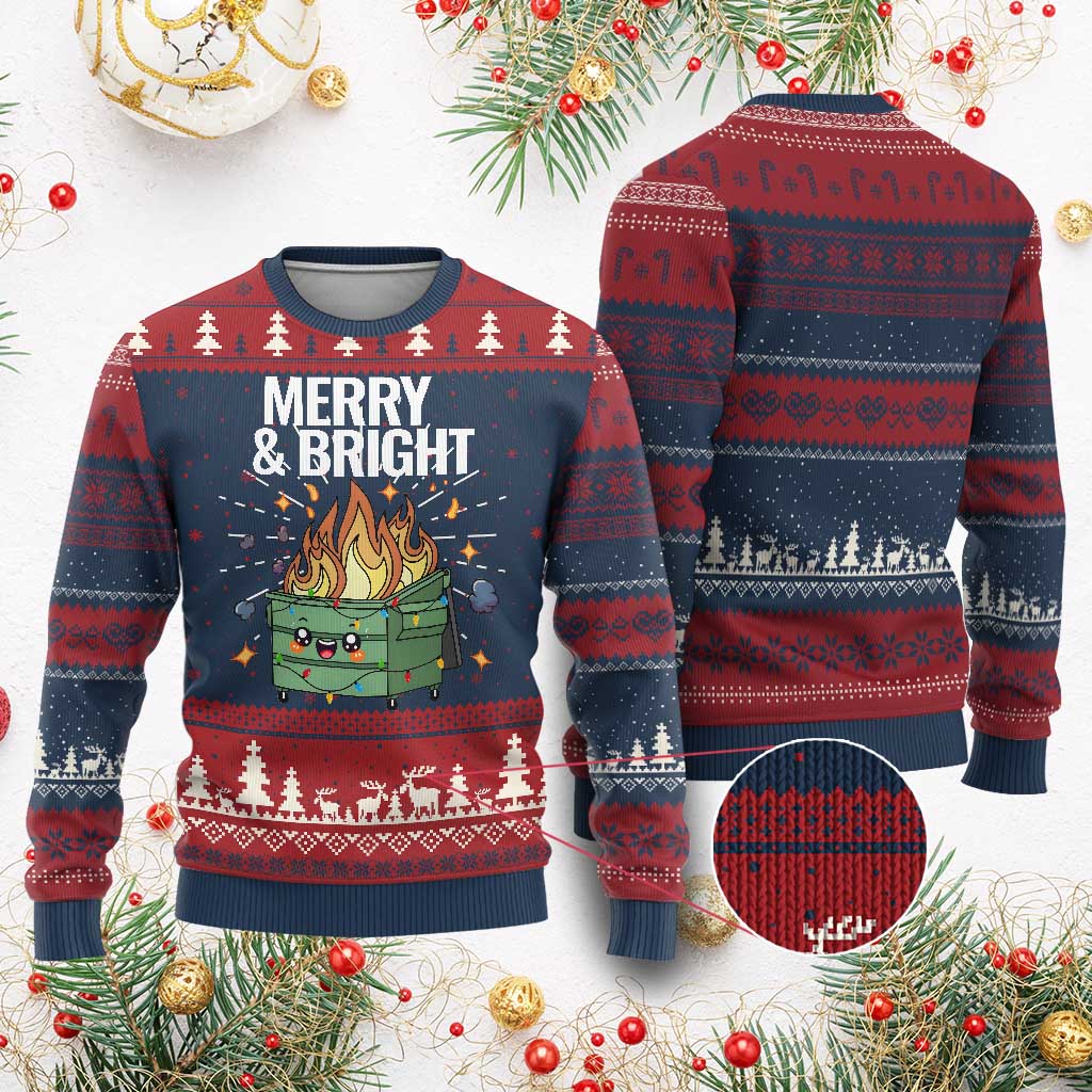 Funny Lil Fire Dumpster Xmas Ugly Christmas Sweater Merry And Bright Xmas Led Lights - Wonder Print Shop
