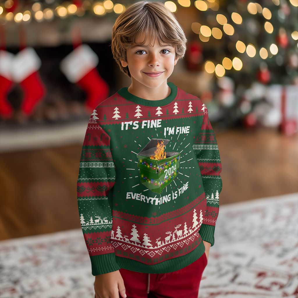 Funny It's Fine I'm Everything Is Fine 2024 Ugly Christmas Sweater Lil Dumpster Fire - Wonder Print Shop