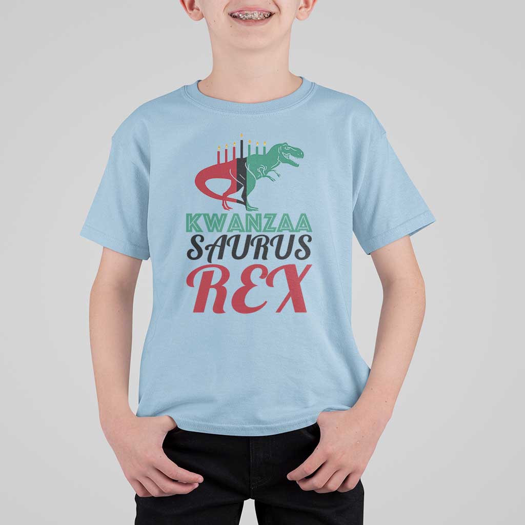 Kwanzaa Saurus Rex Kinara Candles Dinosaur T-rex African Heritage T Shirt For Kid - Wonder Print Shop