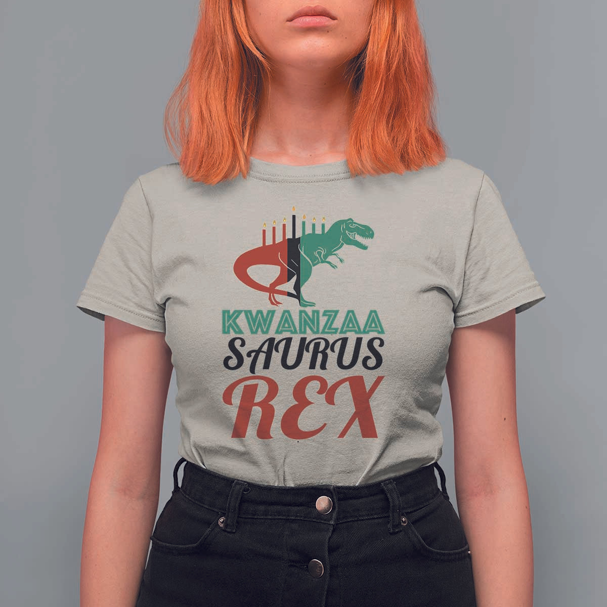 Kwanzaa Saurus Rex Kinara Candles Dinosaur T-rex African Heritage T Shirt For Women - Wonder Print Shop