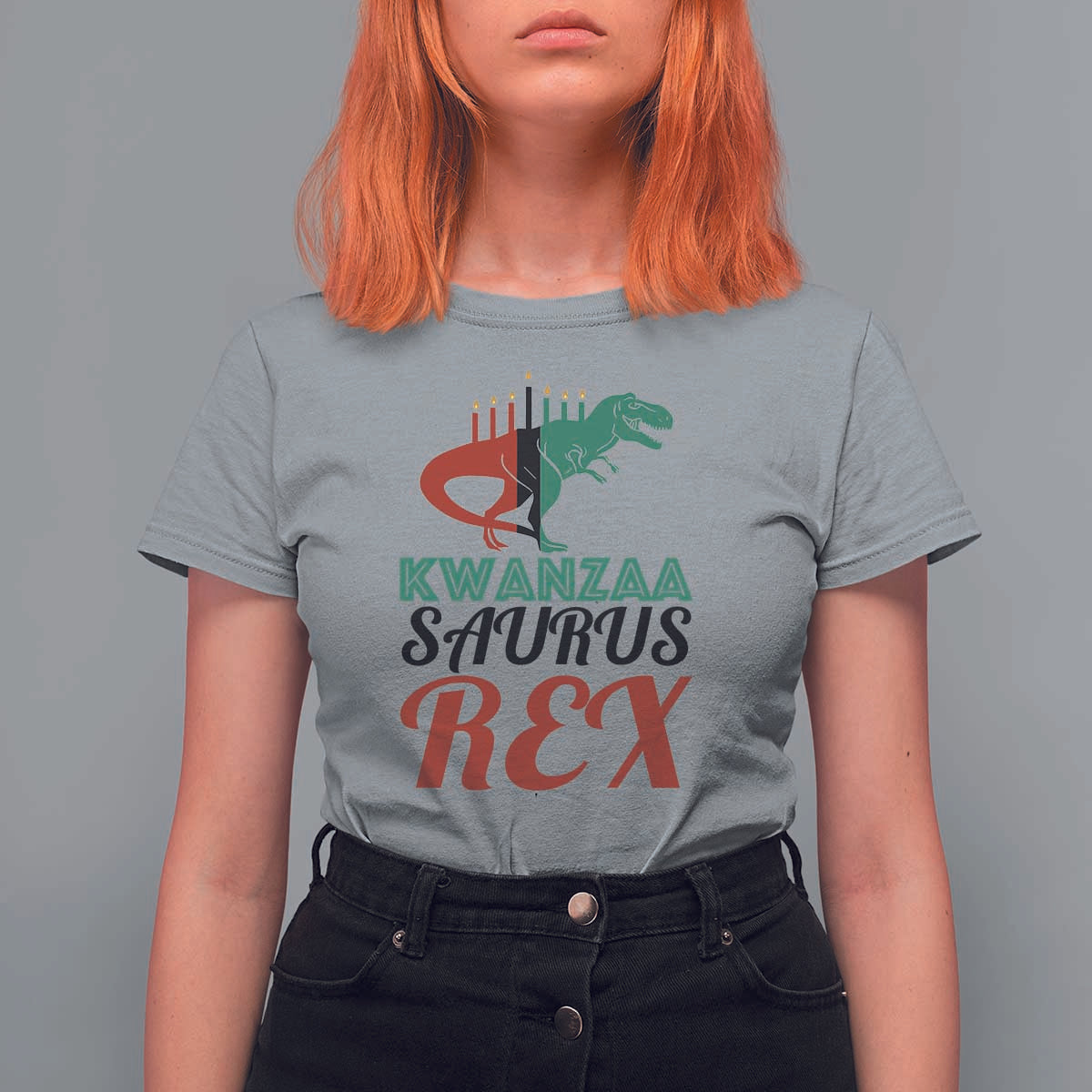 Kwanzaa Saurus Rex Kinara Candles Dinosaur T-rex African Heritage T Shirt For Women - Wonder Print Shop