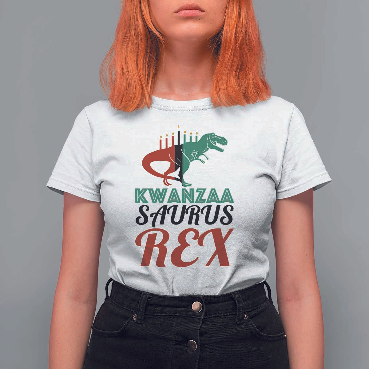 Kwanzaa Saurus Rex Kinara Candles Dinosaur T-rex African Heritage T Shirt For Women - Wonder Print Shop