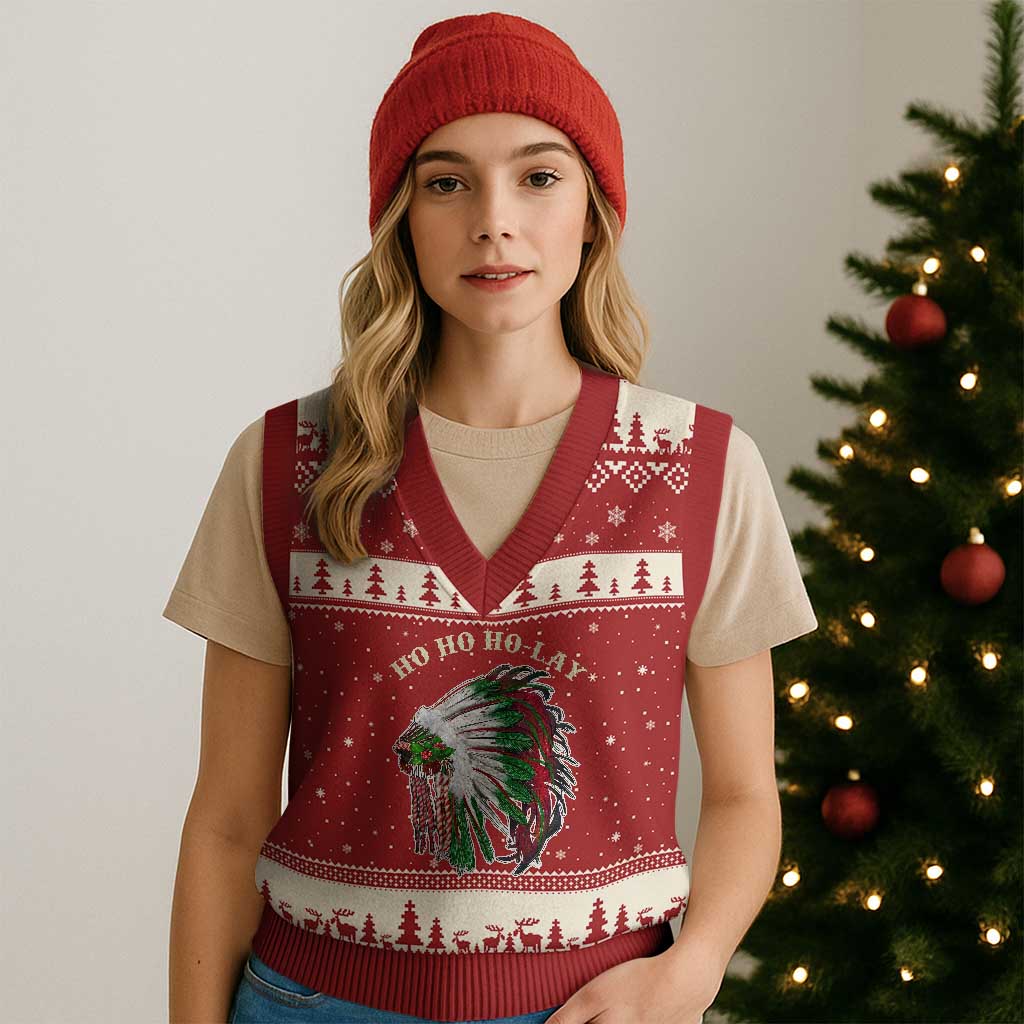 Funny Xmas Native American V-Neck Knit Sweater Vest Ho Ho Ho Lay Vintage War Bonnet - Wonder Print Shop