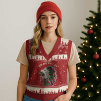 Funny Xmas Native American V-Neck Knit Sweater Vest Ho Ho Ho Lay Vintage War Bonnet - Wonder Print Shop