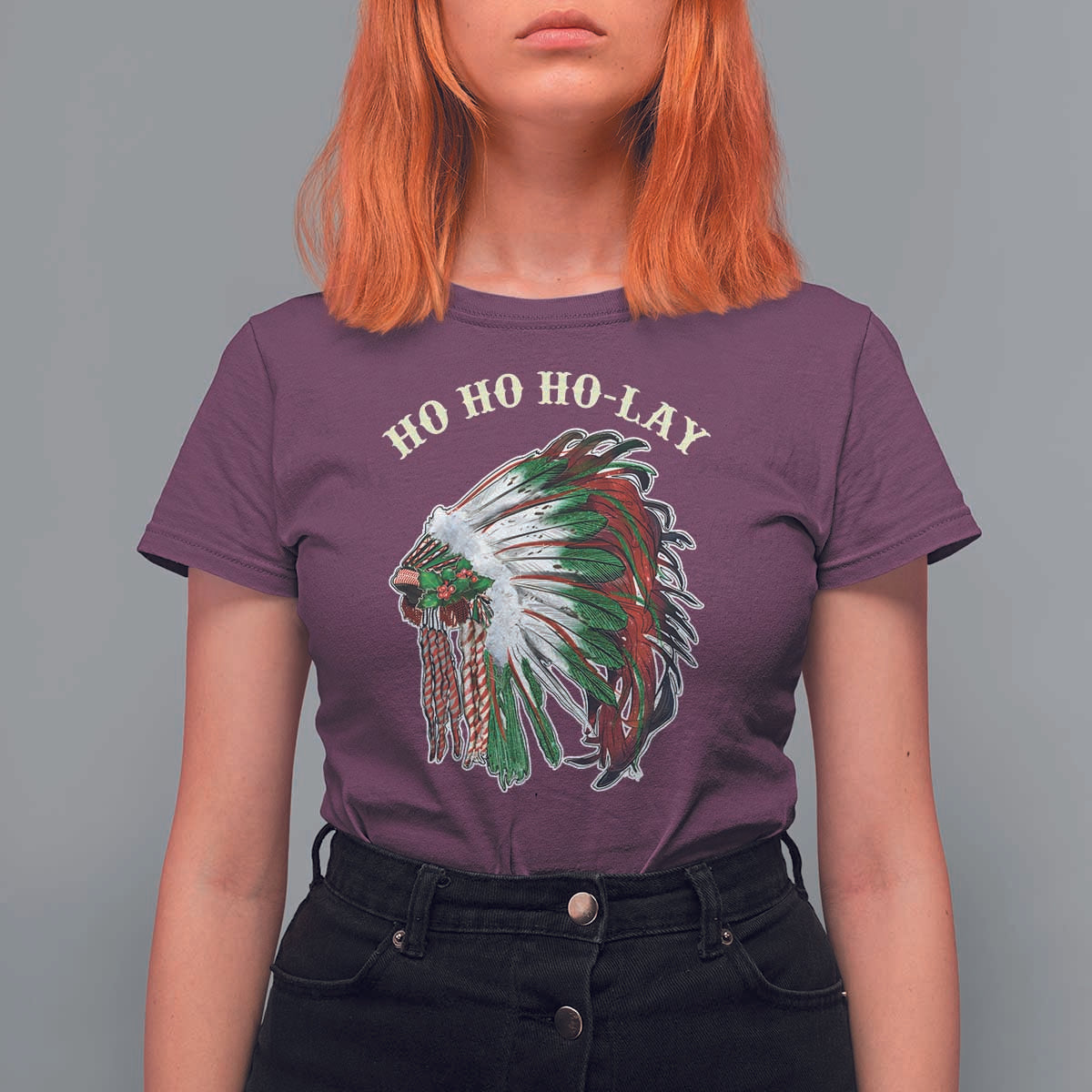 Funny Christmas Native American T Shirt For Women Ho Ho Ho Lay Vintage War Bonnet - Wonder Print Shop