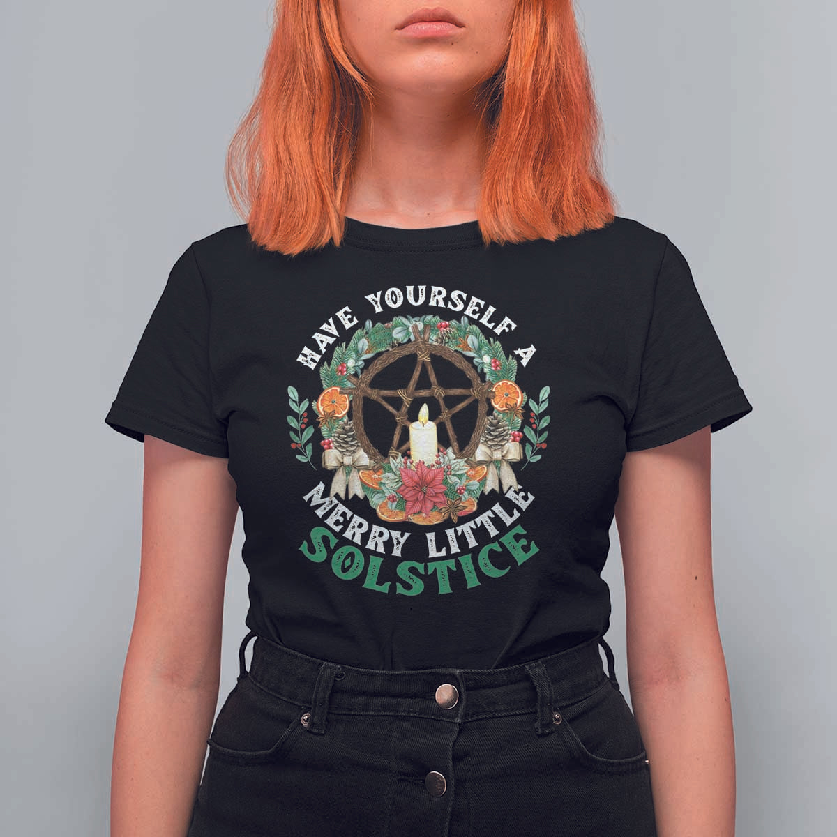 Have Yourself A Merry Little Solstice T Shirt For Women Pagan Pentagram Christmas Wreath - Wonder Print Shop