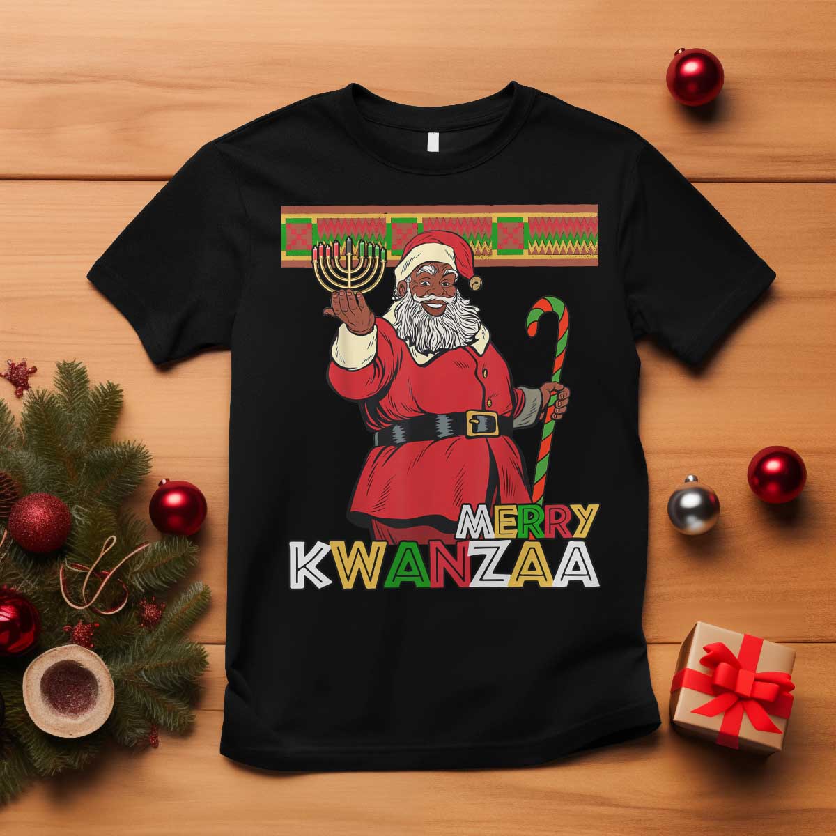 Funny Merry Kwanzaa Christmas T Shirt African American Black Santa Kinara Candles - Wonder Print Shop