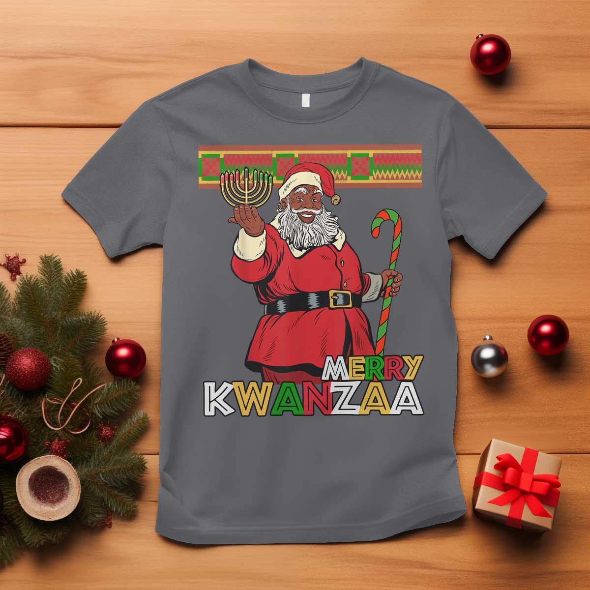 Funny Merry Kwanzaa Christmas T Shirt African American Black Santa Kinara Candles - Wonder Print Shop