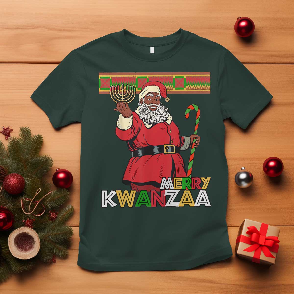 Funny Merry Kwanzaa Christmas T Shirt African American Black Santa Kinara Candles - Wonder Print Shop