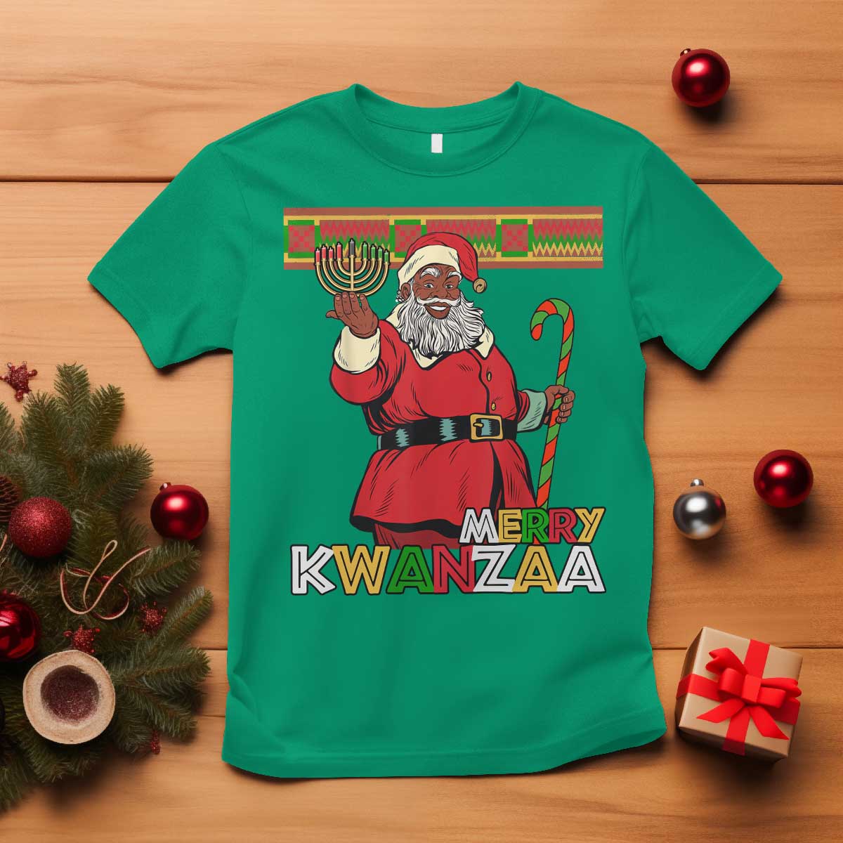 Funny Merry Kwanzaa Christmas T Shirt African American Black Santa Kinara Candles - Wonder Print Shop