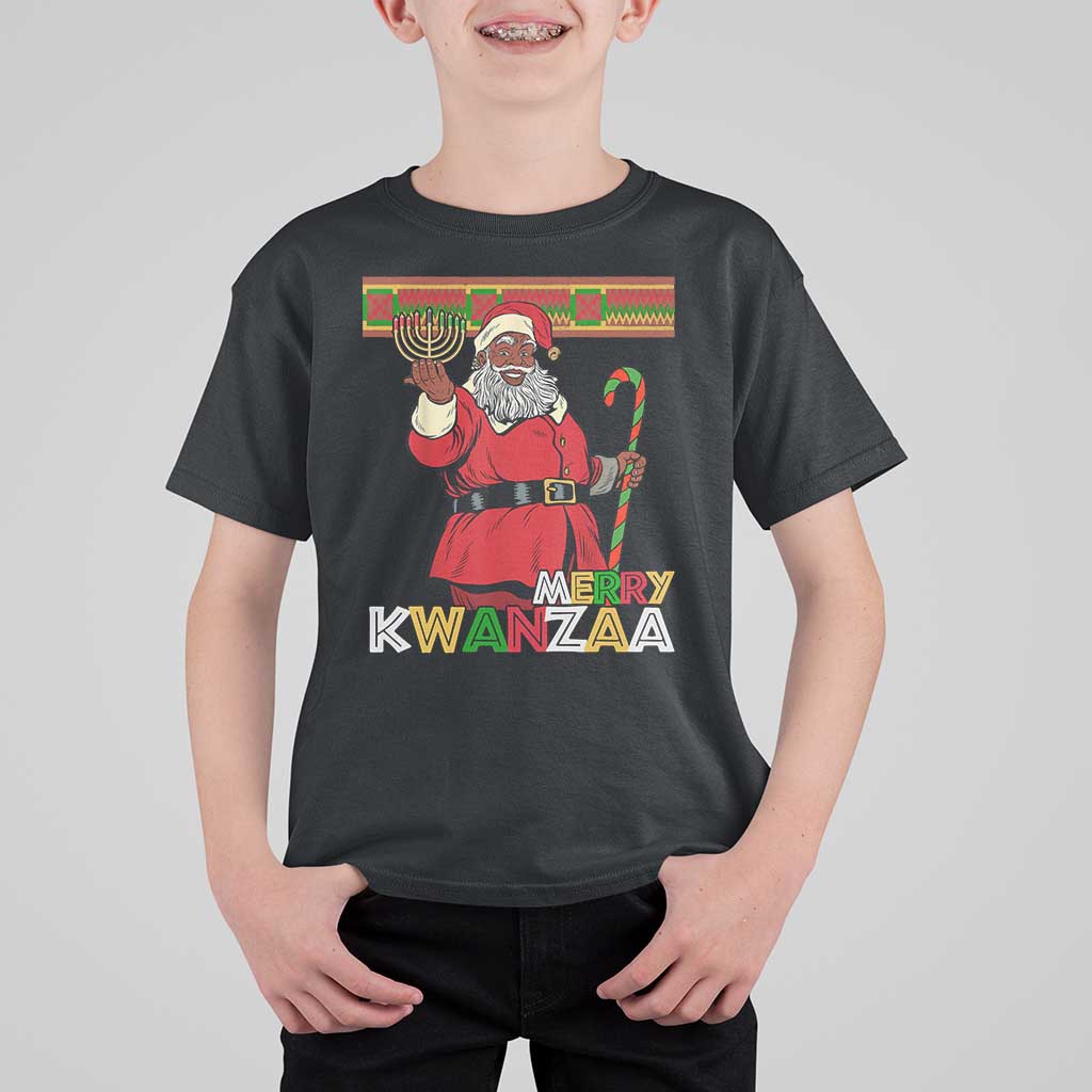 Funny Merry Kwanzaa Christmas T Shirt For Kid African American Black Santa Kinara Candles - Wonder Print Shop