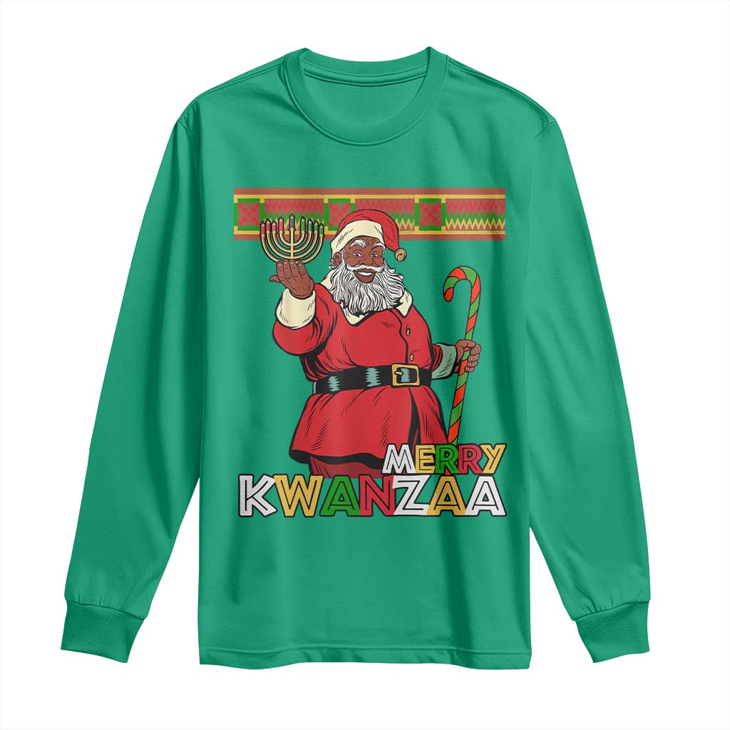 Funny Merry Kwanzaa Christmas Long Sleeve Shirt African American Black Santa Kinara Candles
