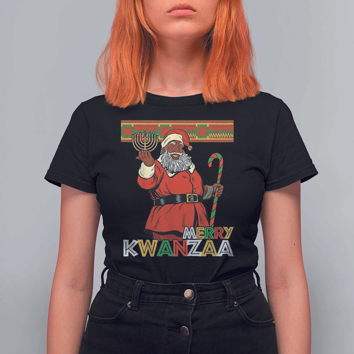 Funny Merry Kwanzaa Christmas T Shirt For Women African American Black Santa Kinara Candles - Wonder Print Shop