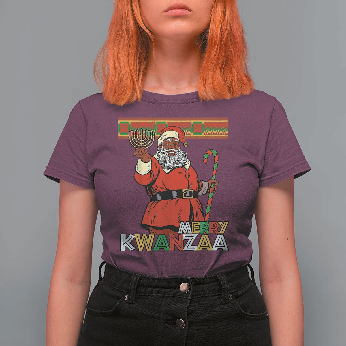 Funny Merry Kwanzaa Christmas T Shirt For Women African American Black Santa Kinara Candles - Wonder Print Shop
