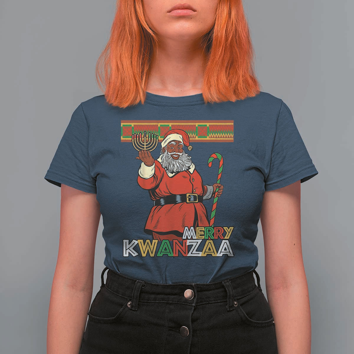 Funny Merry Kwanzaa Christmas T Shirt For Women African American Black Santa Kinara Candles - Wonder Print Shop