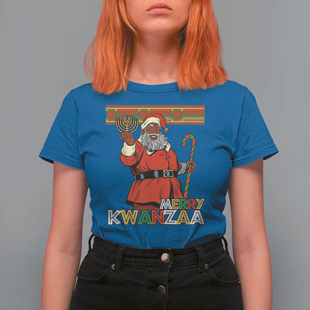 Funny Merry Kwanzaa Christmas T Shirt For Women African American Black Santa Kinara Candles - Wonder Print Shop