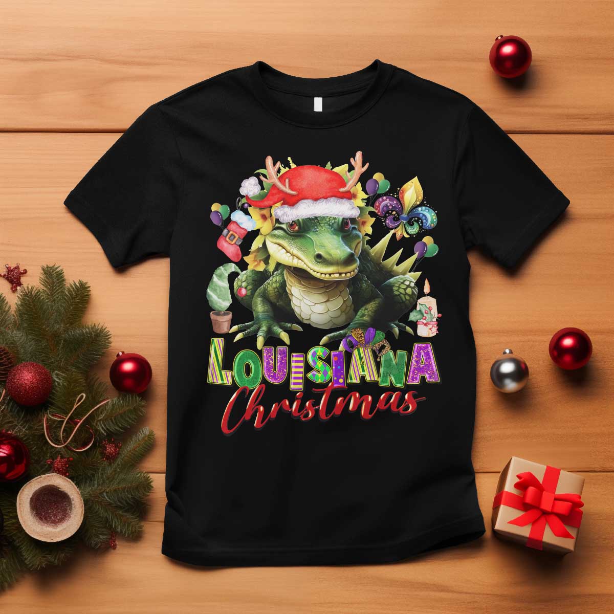 Funny Cajun Louisiana Christmas Santa's Alligator T Shirt - Wonder Print Shop