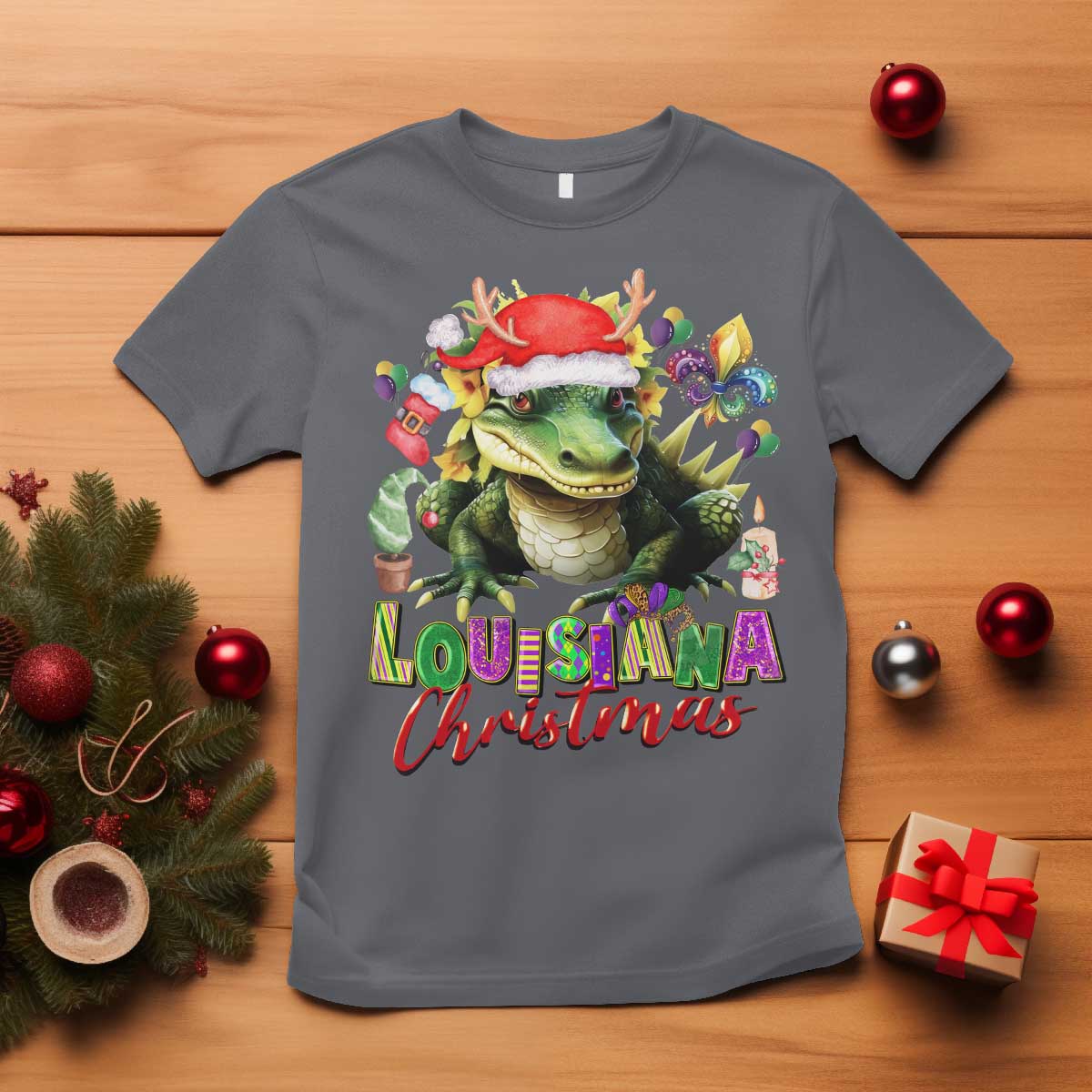 Funny Cajun Louisiana Christmas Santa's Alligator T Shirt - Wonder Print Shop