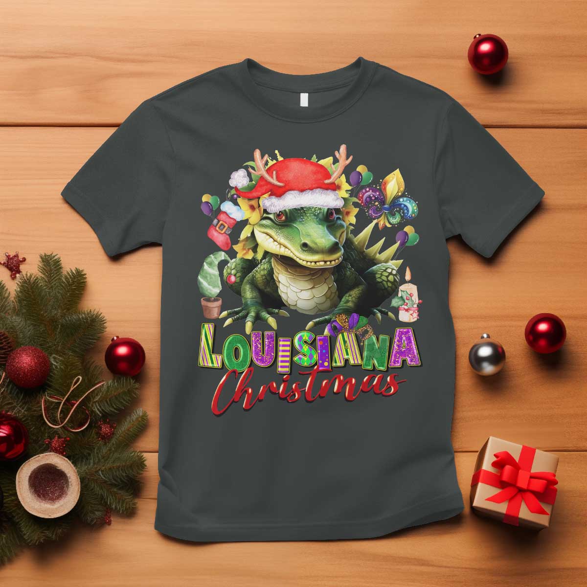 Funny Cajun Louisiana Christmas Santa's Alligator T Shirt - Wonder Print Shop