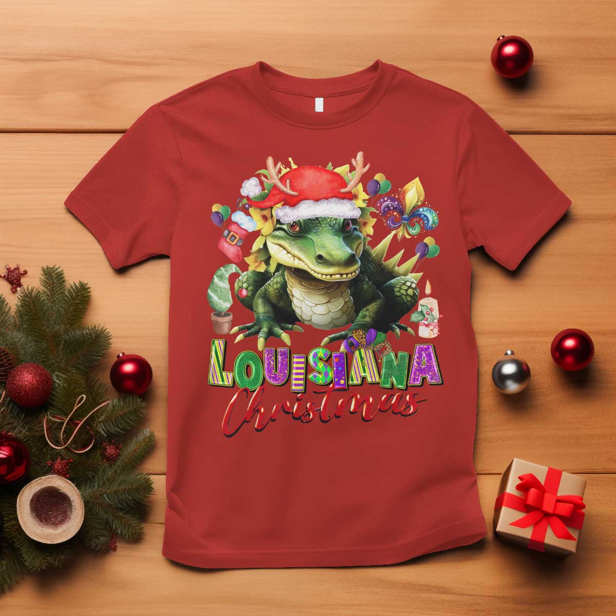 Funny Cajun Louisiana Christmas Santa's Alligator T Shirt - Wonder Print Shop