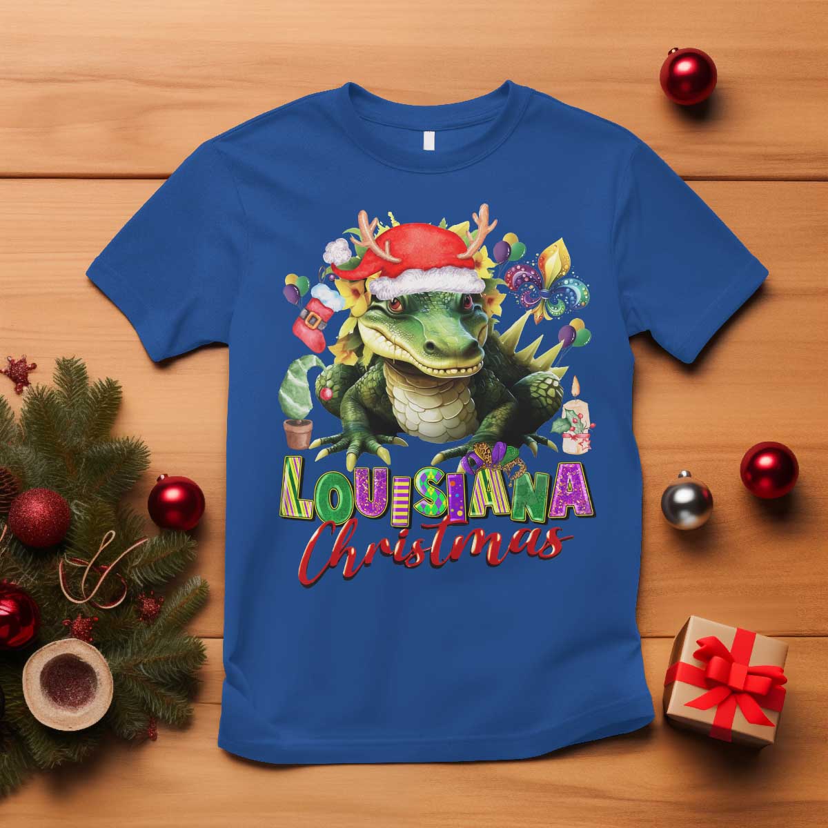 Funny Cajun Louisiana Christmas Santa's Alligator T Shirt - Wonder Print Shop