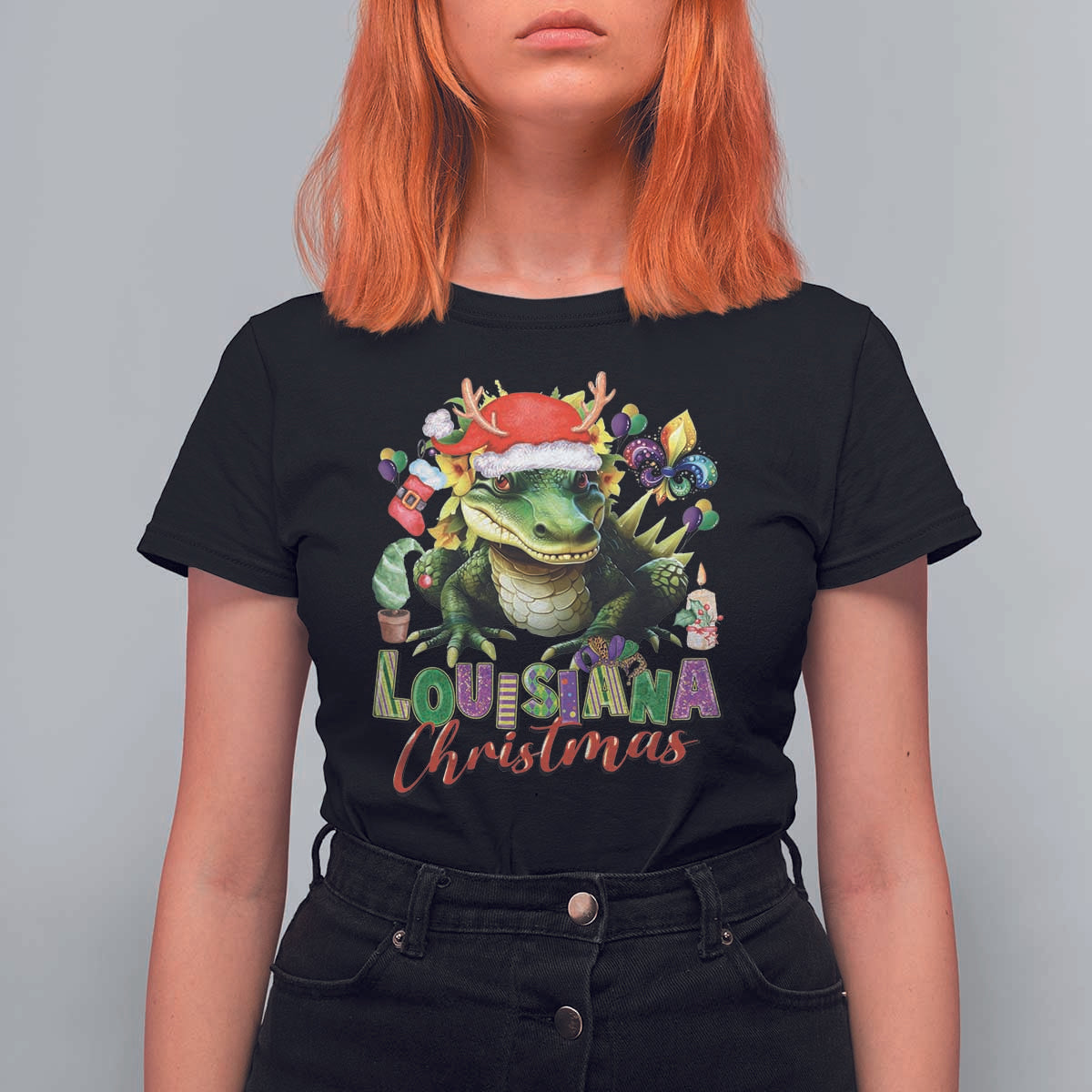Funny Cajun Louisiana Christmas Santa's Alligator T Shirt For Women - Wonder Print Shop
