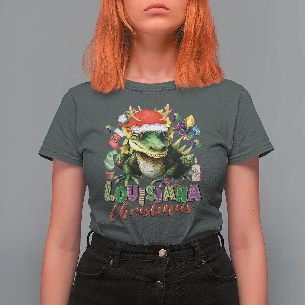 Funny Cajun Louisiana Christmas Santa's Alligator T Shirt For Women - Wonder Print Shop