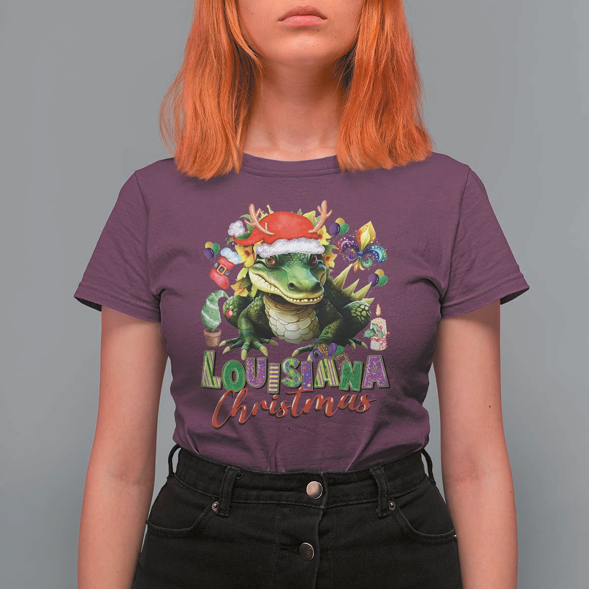 Funny Cajun Louisiana Christmas Santa's Alligator T Shirt For Women - Wonder Print Shop