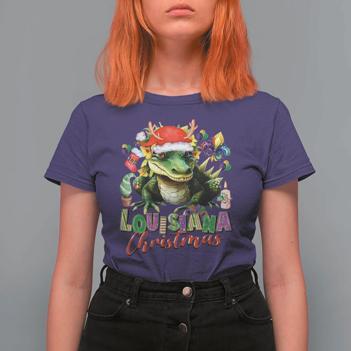 Funny Cajun Louisiana Christmas Santa's Alligator T Shirt For Women - Wonder Print Shop
