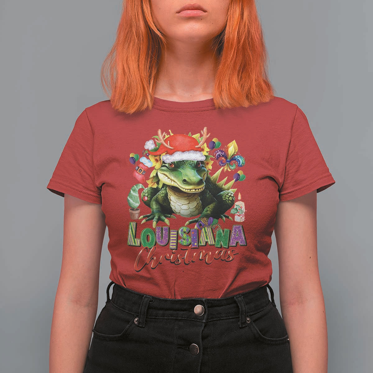 Funny Cajun Louisiana Christmas Santa's Alligator T Shirt For Women - Wonder Print Shop