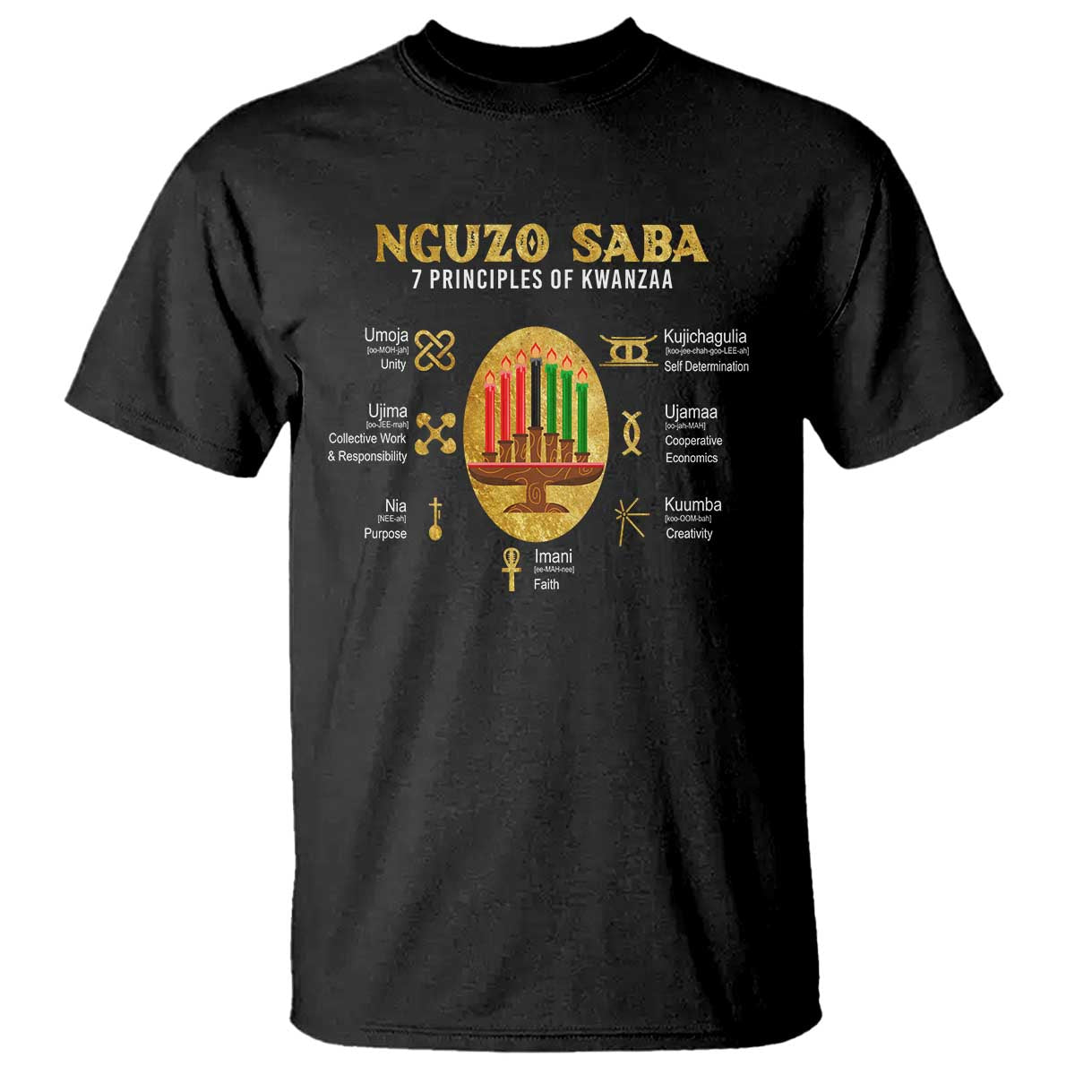 Nguzo Saba Symbols The 7 Principles Of Kwanzaa Kinara Candles T Shirt - Wonder Print Shop