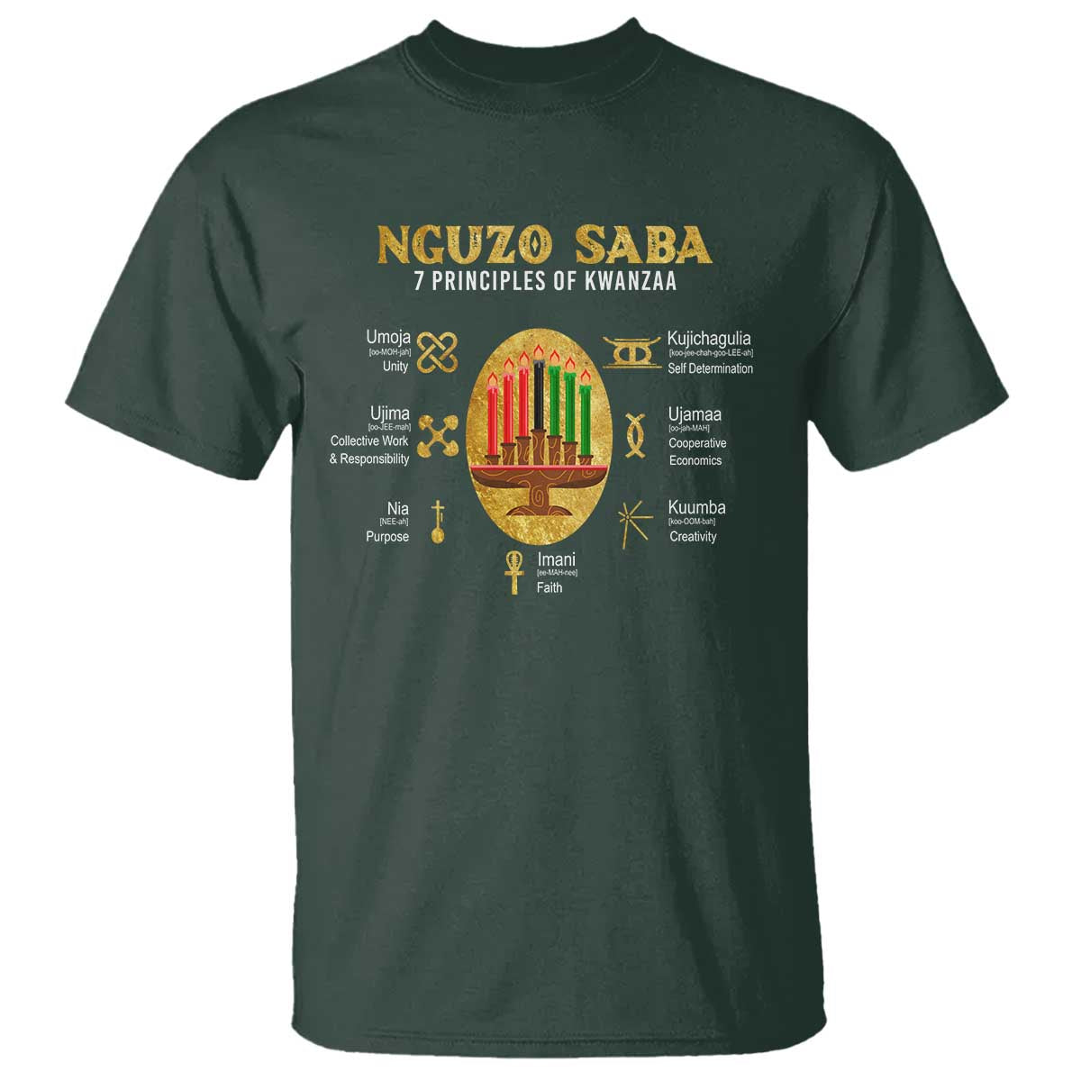 Nguzo Saba Symbols The 7 Principles Of Kwanzaa Kinara Candles T Shirt - Wonder Print Shop