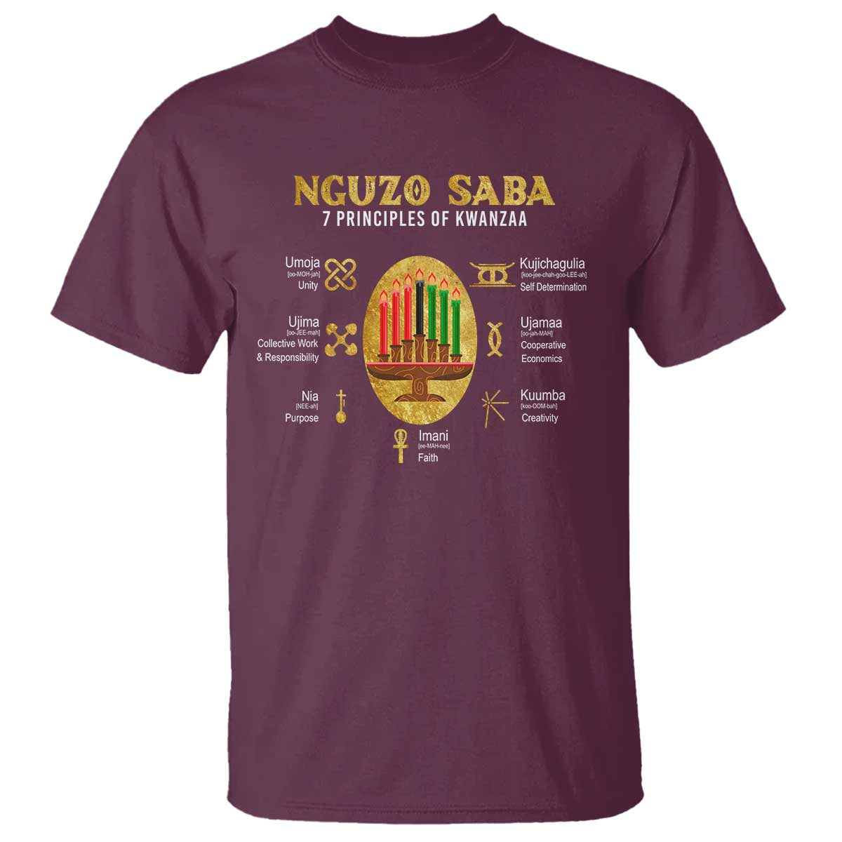 Nguzo Saba Symbols The 7 Principles Of Kwanzaa Kinara Candles T Shirt - Wonder Print Shop