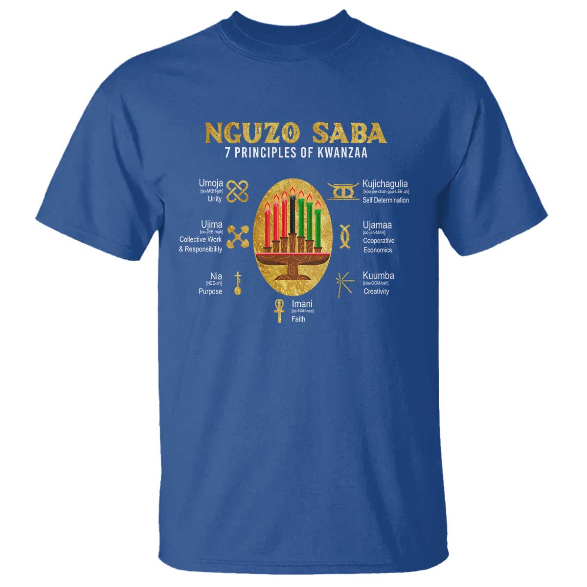 Nguzo Saba Symbols The 7 Principles Of Kwanzaa Kinara Candles T Shirt - Wonder Print Shop