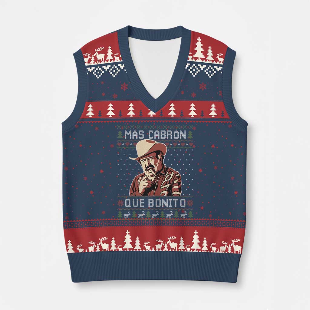 Funny Julian Garza Xmas V-Neck Knit Sweater Vest Mas Cabron Que Bonito Cowboy Holiday Mexican Xmas - Wonder Print Shop